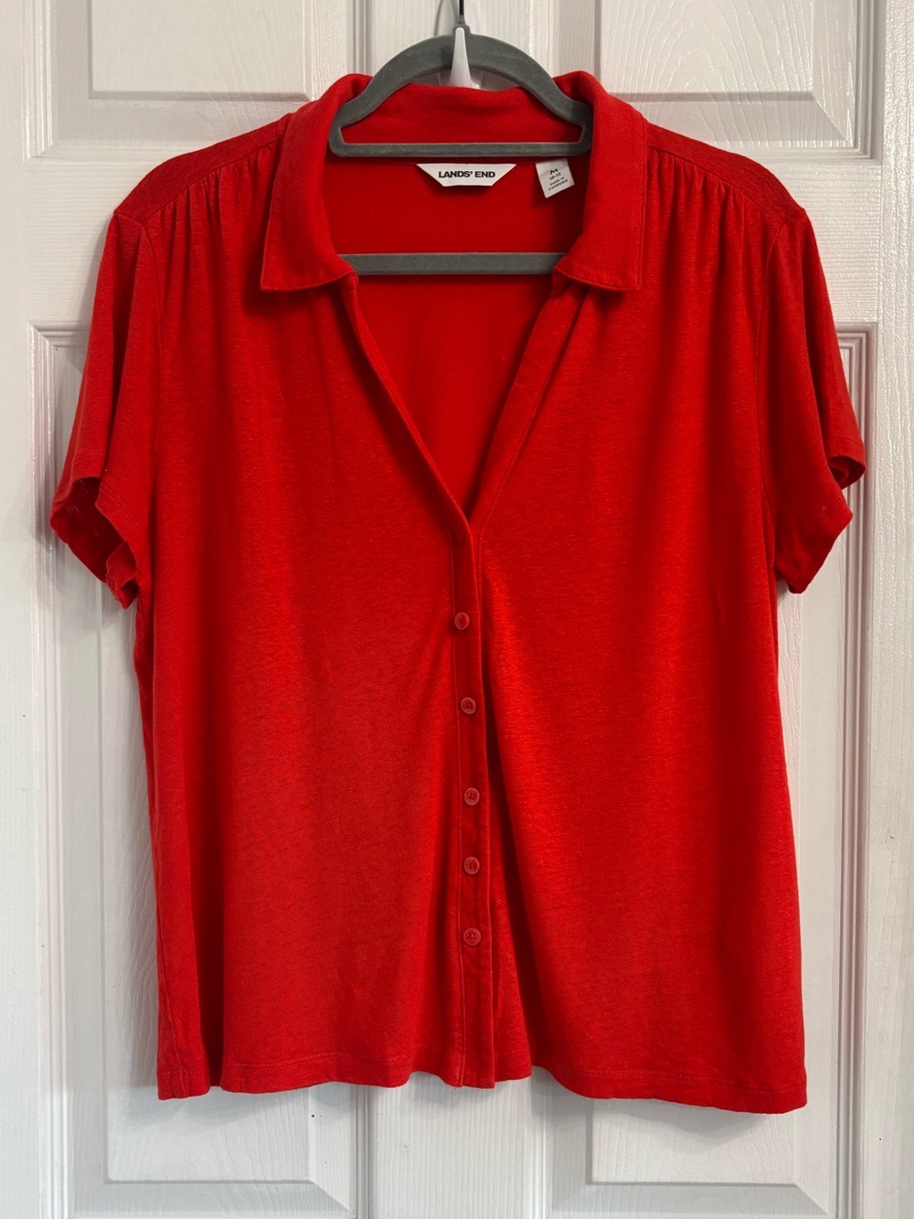 Lands' End Women's Bright Red Short-Sleeve Button-Down Top Medium Linen Blend